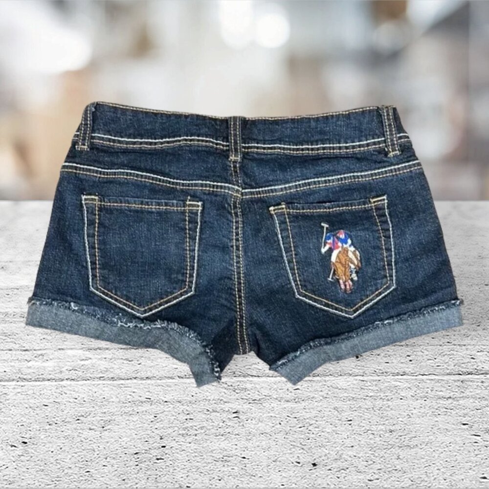 US Polo Assn Low Rise Distressed Fringed Daisy Dukes Big Pony Jean Shorts 3/4